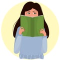 Young brunette woman enthusiastically reading a book hiding her face on it. concept of education,